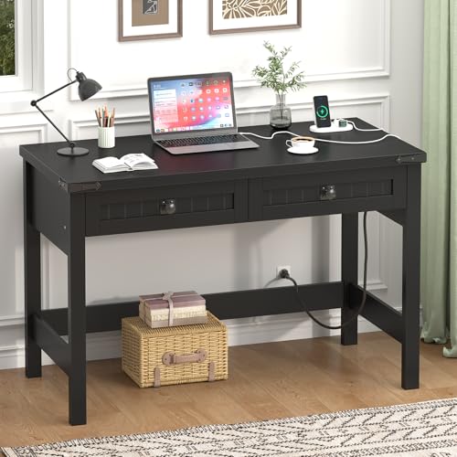 39 Inch Farmhouse Small Computer Desk with Drawers for Bedroom, Home Office | Small Office Computer Desk with 2 Drawers & Power Outlets, Compact Writing Study Desk for Small Spaces, Black - color: Black