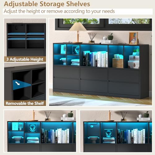 Modern TV Media Console with 6 Drawers & 7 Storage Cubbies, LED Lights & Power Outlet, 63" TV Cabinet with Adjustable Open Storage Shelf, for Living Room (Black) - color: Black