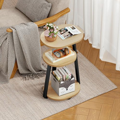 Kalrin Side Table, Small End Table with Metal Frame, 3-Tier Bedside Tables, Round Side Tables for Living Room Bedroom Couch Bathroom, Oval, Modern Oak - color: Modern Oak