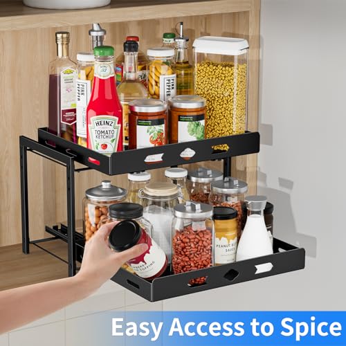 BOIVSHI Spice Organization for Cabinet, 2-Tier Cabinet Spice Rack, Height Adjustable Vertical Spice Rack Pull Out for Kitchen, Cabinet, Pantry (14.1''Wx10.8''Dx9.2''H, Metal Black) - size: 14.1''Wx10.8''Dx9.2''H,2 Tier