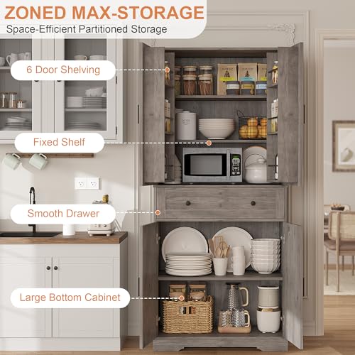Garvee 71" Kitchen Pantry Cabinet, Barn Door Freestanding Cupboard with Drawer, Sliding Storage Rack, and 6 Hanging Shelves for Kitchen, Dining Room, Living Room Bedroom - color: Grey