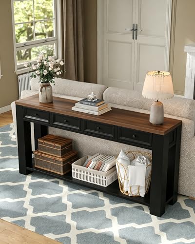 FUSOU 63 Inch Console Table, Sofa Table Behind Couch, Entryway Table with 4 Drawers & Open Shelf, Farmhouse Sofa Table for Living Room (Black) - color: Black