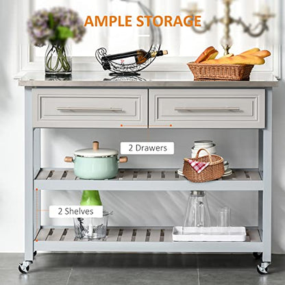HOMCOM Kitchen Island with Stainless Steel Top, Traditional Kitchen Island with Storage, Butcher Block Cart 2-Tier Open Shelves, Drawers, Light Gray