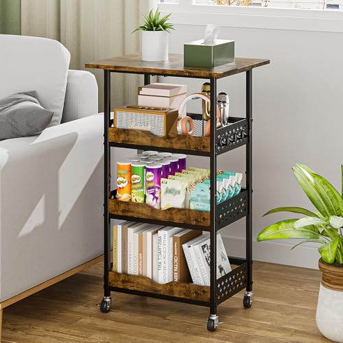Giwil 4-Tier Rolling Kitchen Cart, Microwave Stand with Wooden Top Coffee Station Table Snack Rack Organizer, Utility Cart on Wheels for Onions Potatoes, Black - size: 4 Tier with Big Top