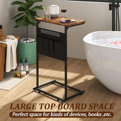 C Shaped End Table, Small Side Table with Storage Bag for Couch, Sofa Table with Metal Frame for Living Room and Bedroom Bedside, Rustic Brown ZER-007Br - color: Brown