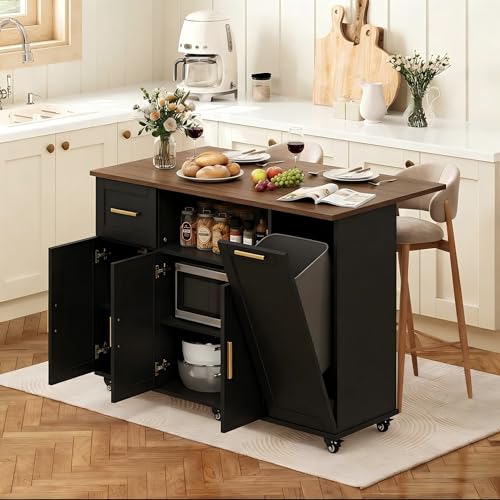 59" Rolling Kitchen Island Cart with Storage, Drop Leaf, Black | Mobile Prep Table with 2 Cabinets, Drawer & Trash Bin, All-in-one Counter Space Saver for Small Kitchens