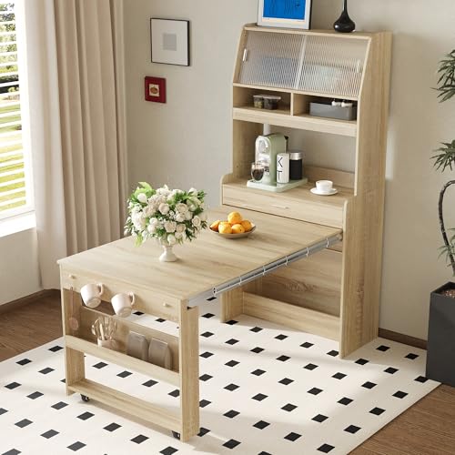 Spaco 2-in-1 Folding Dining Table and Buffet Cabinet Set,Compact Pull-Out Kitchen Table with Wheels,Storage Shelf and Side Hooks,Multifunctional Cupboard for Small Place (Oak) - color: Oak