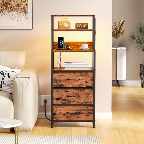 Night Stand with Charging Station, Tall Nightstand, LED Lights | 4-Tier Shelves and 3 Fabric Drawers, Bedside Table for Bedroom, Hallway, Office, Rustic Brown - color: Rustic Brown, size: 3 Drawer