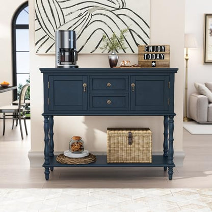 ARTPOWER Console Table with 2 Drawers, Retro Entryway Table with 2 Door Cabinets and Open Storage Shelf, Narrow Long Behind Couch Sofa Table for Living Room, Foyer, Hallway, Blue - color: Blue