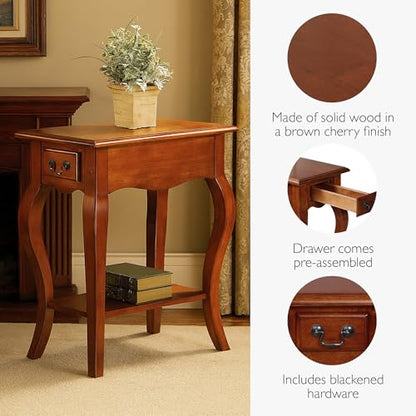 Leick Home 9018-BR One Drawer French Cabriole Leg Side Table with Shelf, Brown Cherry - color: Brown Cherry