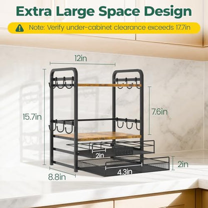 EsLuker.ly Coffee Bar Organizer Station Shelf Mug Holder for Countertop, 4 Tier Mug Holder Stand with 12 Hooks, K Cup Pod Drawer - color: Black+Brown+Brown