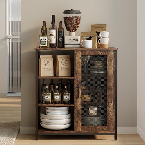 LVSOMT Mini Coffee Bar Cabinet for Home Kitchen, 27.5'' Coffee Stand Station with Adjustable Shelves & Door, Farmhouse Sideboard Buffet for Small Space, Dining Room, Living Room, Industrial Brown - color: Brown