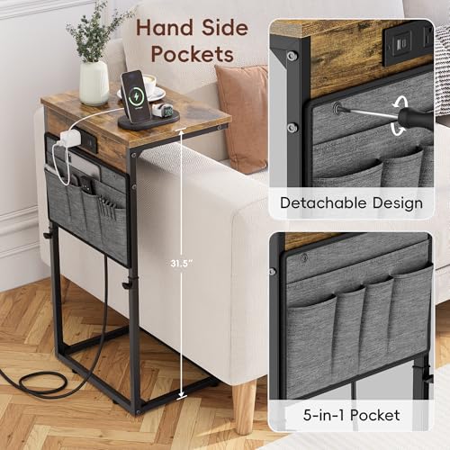 Vagusicc C-Shaped End Table Set of 2, Adjustable Height Side Table for Couch with Charging Station, Tall C Table Slide Under Sofa Table, TV Tray for Living Room, Bedroom, Bedside, Small Space, Brown - color: 2pc Rustic Brown