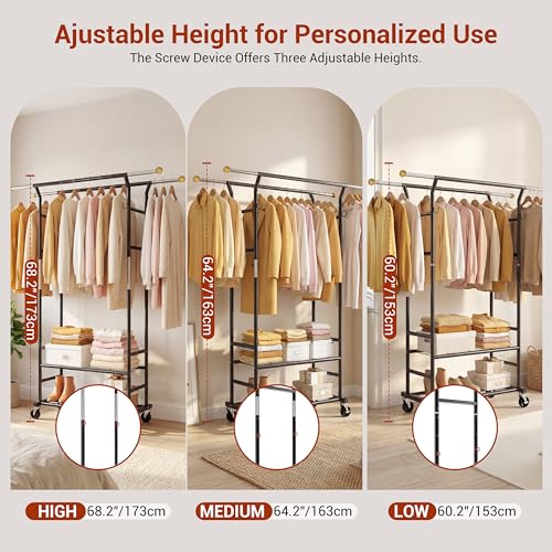 Clothes Rack with 3-Level Height Adjustment - Double Rod Extendable Hanging Rails with Wooden Finials, Luxury 2-Tier Metal Storage Shelves - Sturdy Wardrobe Rack for Closet, Bedroom or Laundry - color: 2-Tier (68.5 H")