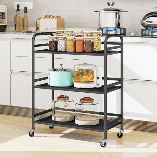 DCLRN 3 Tier Rolling Cart with Lockable Wheels Sturdy Construction,Solid Shelves,Recessed Screw Holes Ideal for Kitchen and Home Storage Size:23.6" Dx11.8 Wx29.5 H(Black) - size: Large