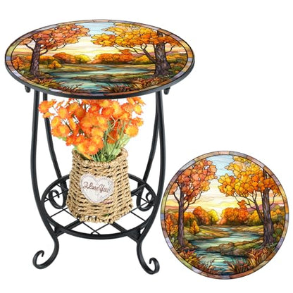 Cinnvoice Outdoor Side Table Round Small Mosaic Patio Accent Indoor End Plant Coffee Tea Table for Yard Patio Porch Garden Living Room, Bedroom(Fall Style,14 Inch) - size: 14 Inch, style: Fall Style