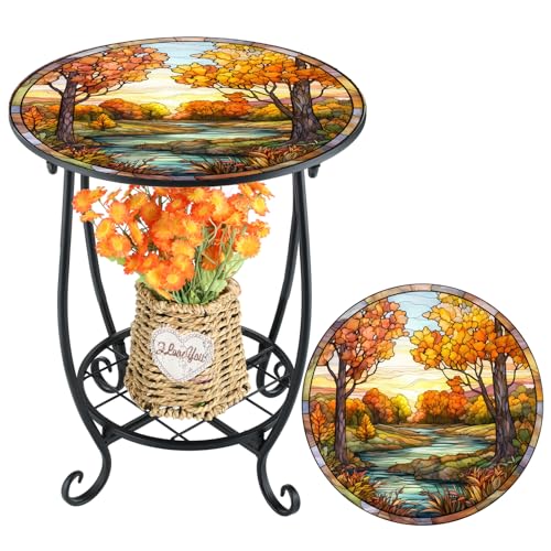 Cinnvoice Outdoor Side Table Round Small Mosaic Patio Accent Indoor End Plant Coffee Tea Table for Yard Patio Porch Garden Living Room, Bedroom(Fall Style,14 Inch) - size: 14 Inch, style: Fall Style