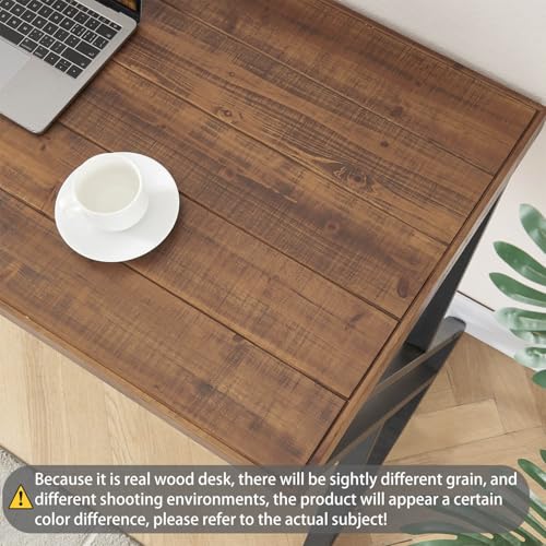 Real Wood Computer Desk, Modern Natural Wood Home Office Desk, Rustic Solid Wood Work Study Writing Desk, Farmhouse Workstation PC Gaming Executive Table for Bedroom, Brown, 47 inch - size: 47 inch