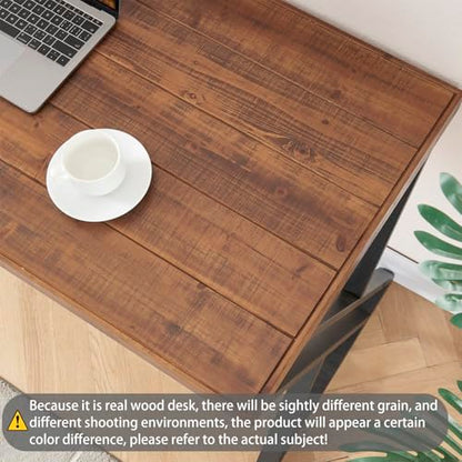 Solid Wood Computer Desk, Modern Real Wood Home Office Desk, Long Rustic Farmhouse Natural Wood Writing Desk, Executive Workstation PC Desk Table for Living Room Bedroom, Brown, 55 inch - size: 55 inch