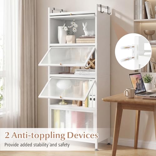 LDAILY 5-Tier Kitchen Storage Cabinet, Mobile Microwave Stand with Metal Frame, Double Anti-toppling Device, 4 Rolling Casters, Freestanding Bakers Rack for Kitchen, Dining Room, Living Room (White) - color: White