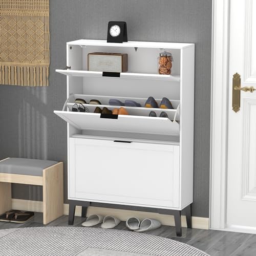 TaoHFE Wooden White Hidden Shoe Cabinet Entryway Shoe Storage Cabinet Narrow Shoe Cabinet Free Standing Shoe Rack Organizer for Closet Shoe Drawer Storage 3 Tier Rack for Front Door Entrance