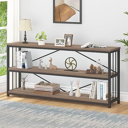 Industrial 3 Tier Bookshelf, Rustic Low Book Shelf Rustic Oak 63 Inch | Farmhouse Long Wide Wood and Metal Open Horizontal Bookcase, Modern Large Vintage Etagere for Home Office Bedroom Living Room - color: Rustic Oak, size: 63 Inch
