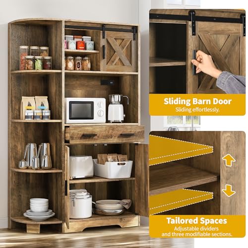 DWVO 67.3" Farmhouse Pantry with Power Outlet & Barn Door, Rustic Brown | Baker Rack Hutch Buffet Sideboard with Drawer, Microwave Stand for Dining Room - color: Rustic Brown