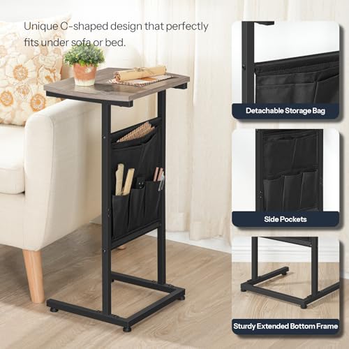 HOOBRO C Shaped End Table, 28.3" Side Table for Small Spaces, Couch Table, Slide Under Sofa Tray Table, Storage Bag, for Living Room, Bedroom, Greige and Black BG40SF01 - color: Greige + Black