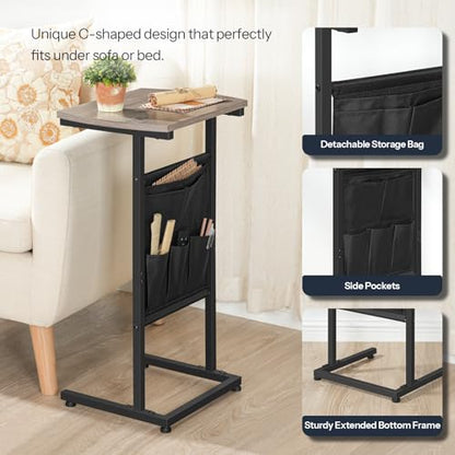 HOOBRO C Shaped End Table, 28.3" Side Table for Small Spaces, Couch Table, Slide Under Sofa Tray Table, Storage Bag, for Living Room, Bedroom, Greige and Black BG40SF01 - color: Greige + Black