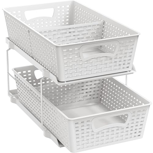 Simple Houseware 2 Tier Bathroom Organizer Tray Pull-Out Sliding Drawer, Under Sink Storage, White - color: White
