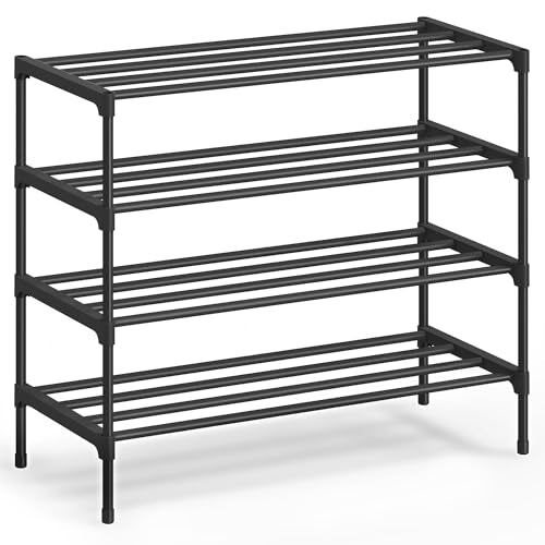 SONGMICS 4-Tier Shoe Rack for Closet, Compact Metal Shoe Organizer Shelf for Entryway, Bedroom, Small Spaces, Stackable, 11.8 x 24.5 x 26 Inches,Black ULSA124BH01 - size: 4 Tiers (24.5"W)