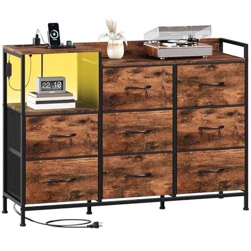Somdot Dresser with Charging Station, Open Shelves & 8 Drawers for Bedroom | Storage Cabinet and Organization Unit with Sturdy Metal Frame and Wood Top for Living Room and Hallway, Brown - color: Brown, size: 11.4"D x 39"W x 27.8"H (8 Drawers)
