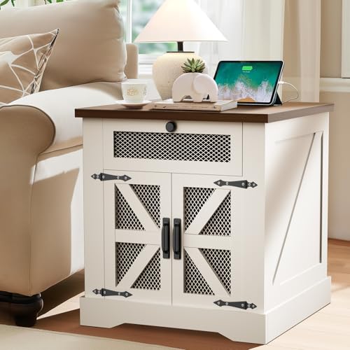 HAIOOU Farmhouse End Table with Drawer, 25" Large Sofa Side Tables with Charging Station, Barn Door and Adjustable Storage Shelf, Rustic Wood Square Nightstand for Living Room, Bedroom, White & Brown - color: White, size: 23.6"D x23.6"W x 25"H