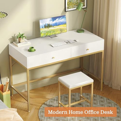 SUPERJARE 43-inch Modern White & Gold Desk - 2 Drawer Vanity | Computer & Home Office Study Desk for Writing & Bedroom - color: Gold and White, size: 43.3 inch