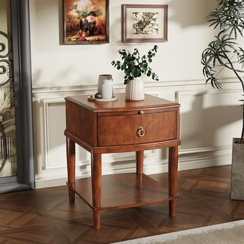Farmhouse End Side Table with Pull-Out Tray And Storage Drawer, Sofa Beside Tables with Wood Leg, Nightstand, No-Tools Assembly 17.7”L x 19.7”W x 22.8”H for Living Room, Caramel Brown CJZ-A1569-MG - style: 1*End Table with 1 Drawer