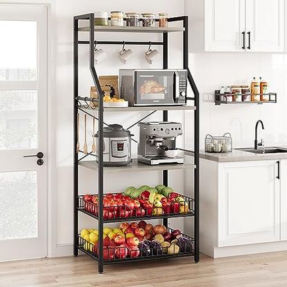 Patikuin 60cm Compact Kitchen Bakers Rack, 4-Tier Double-Frame Microwave Stand with Storage Shelves, Sturdy 20mm Square Tube & PB Board Construction, Black & Gray Freestanding Appliance Organizer