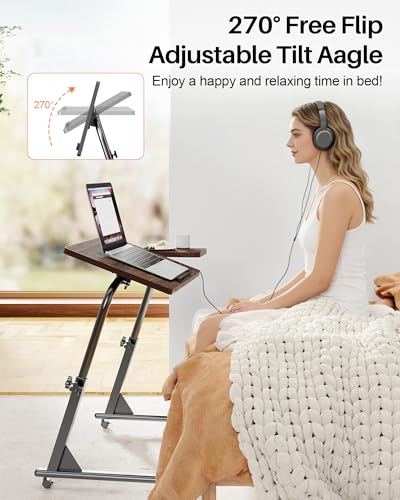 TV Tray Table, Mobile TV Dinner Trays for Eating on Couch, Folding Side Desk with Wheels, Tilt & Height Adjustable Snack Table Laptop Desk for Sofa Living Room Bedroom & Office (Brown) - color: Brown