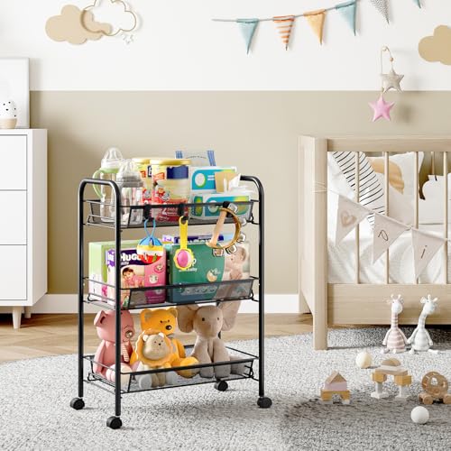 SYKIARIOL Metal Rolling Utility Cart, 3-Tier Mesh Wire Storage Trolley with Easy Assembly, Organizer Craft Cart 3 Hooks, Mobile Shelving Unit for Kitchen, Bathroom, Laundry Room, and Home