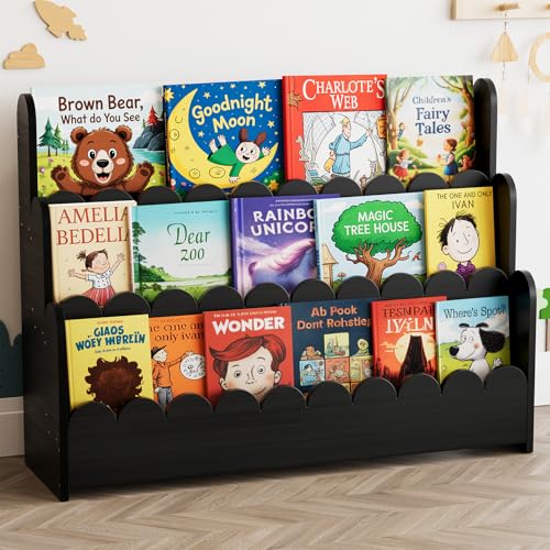 SpaceAid 3-Tier Scalloped Bookshelf, Montessori Bookcase for Toddlers, Wooden Book Shelf Organizer Display Furniture for Kids Rooms, Playroom, Nursery and Classroom, 36.7“ Wide, Black - color: Black, size: 3 Tier, 36.7" W
