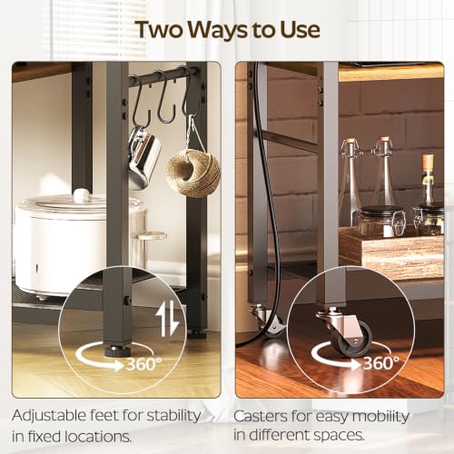 YATINEY Movable Bakers Rack, Microwave Stand with Charging Station, Kitchen Storage Rack with Hooks and Basket, Casters and Adjustable Feet, for Small Space, Kitchen, Dining Room, Rustic Brown HB04UBR - color: Rustic Brown + Black