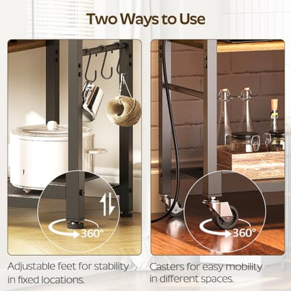 YATINEY Movable Bakers Rack, Microwave Stand with Charging Station, Kitchen Storage Rack with Hooks and Basket, Casters and Adjustable Feet, for Small Space, Kitchen, Dining Room, Rustic Brown HB04UBR - color: Rustic Brown + Black