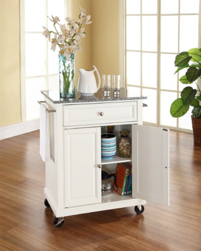 Crosley Furniture Compact Granite Top Small Rolling Cart with Shelves, Microwave Stand with Towel Rack, White - color: White, style: Gray Granite Top