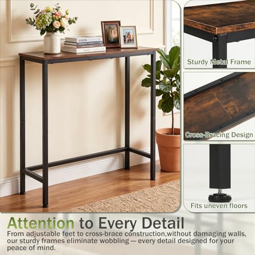 Sturdy Console Table with 98 lb Capacity, Stable Wobble-Free Design for Living Room and Entryway, Heavy Duty Metal Frame, Easy Assembly, 29.5 Inch Narrow Sofa Table, Rustic Brown
