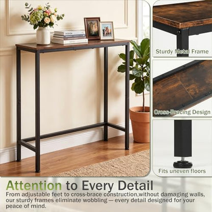Sturdy Console Table with 98 lb Capacity, Stable Wobble-Free Design for Living Room and Entryway, Heavy Duty Metal Frame, Easy Assembly, 29.5 Inch Narrow Sofa Table, Rustic Brown