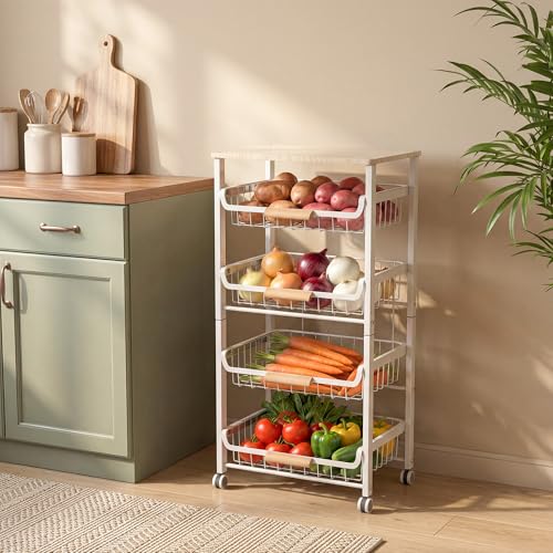 JAQ Vegetable Storage Cart with Wheels, 5-Tier Rolling Cart with Slide-Out Baskets for Onion Potato Storage, Metal Produce Rack Organizer with Wooden Top & Handle for Kitchen Pantry, White - color: 5-tier -White