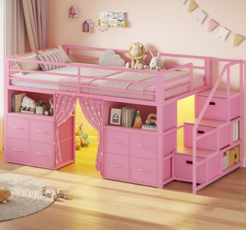 ADORNEVE Low Loft Bed Twin Size with Stairs and 11 Storage Drawers, Twin Loft Bed with Bookshelf, LED Lights & Under-Bed Play Space, Metal Kids Loft Bed with Safety Guardrail & Privacy Curtain, Pink - color: Pink