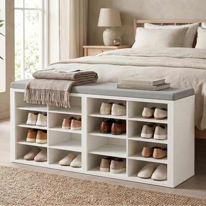 AMONIDA Shoe Storage Bench with Cushion, Entryway Bench with 16 Cubbies, 4-Tier Organizer Bench with Removable Dividers for Hallway Living Room - color: White + Light Grey