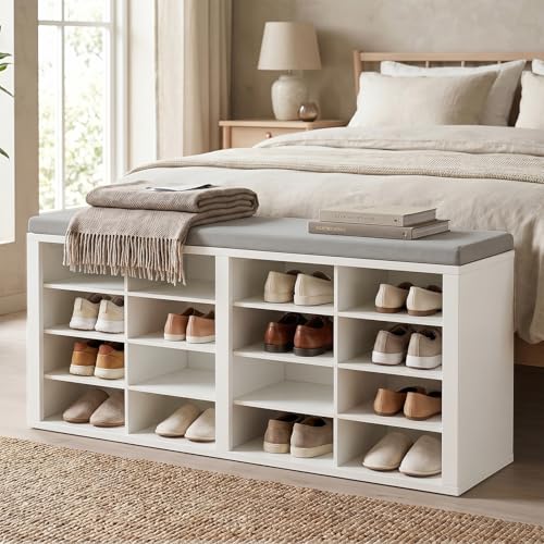 AMONIDA Shoe Storage Bench with Cushion, Entryway Bench with 16 Cubbies, 4-Tier Organizer Bench with Removable Dividers for Hallway Living Room - color: White + Light Grey