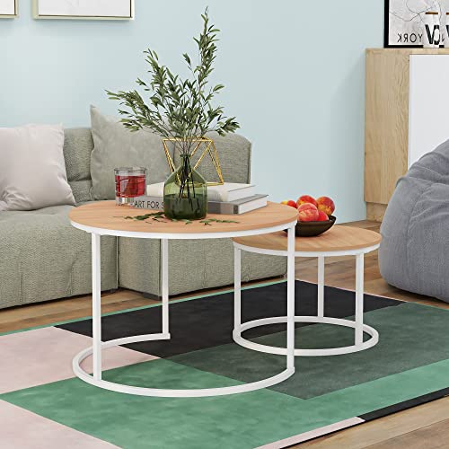 HOJINLINERO Round Coffee Table,Nesting White Coffee Table Set of 2,Large | Center Tables for Living Room, Home Small Space,Stacking Side Tables,Sturdy&Easy Assembly,Wood Desktop,White+Teak OAKDK - color: Wh+oakdk, size: Large
