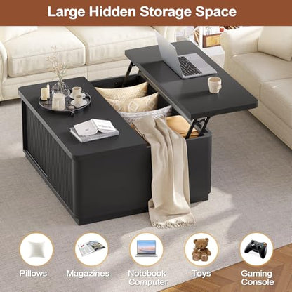 Itaar 39.4'' Lift Top Coffee Table with Storage, Fluted Coffee Tables for Living Room, Square Coffee Table with Large Hidden Compartment & 2 Drawrs & Adjustables Shelves, Black - color: Black